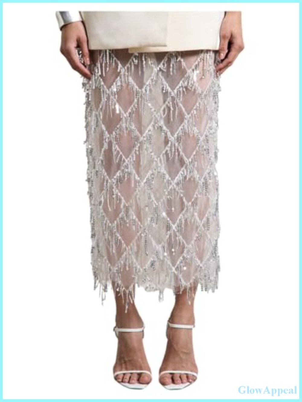 Sequin Fringe Midi Pencil Skirt Mesh Sheer Sparkly Side Slit Night Out